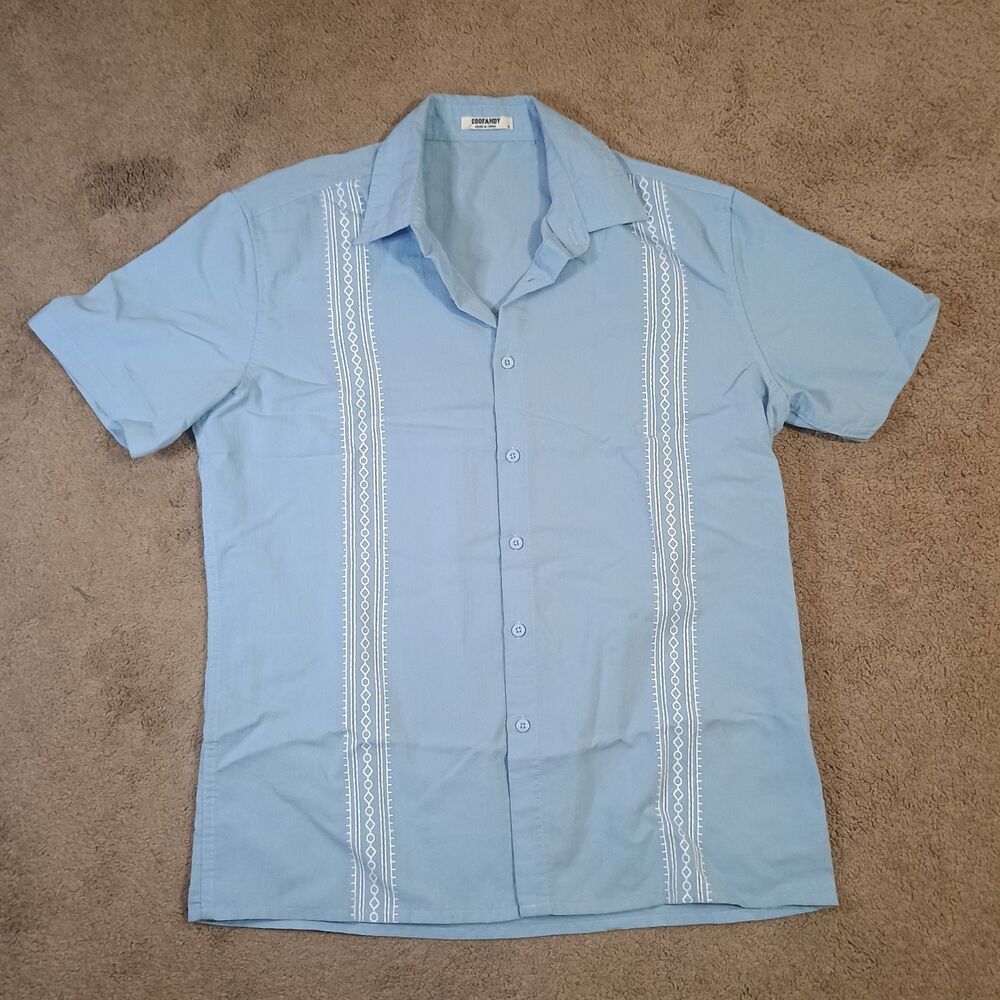 COOFANDY Short Sleeve Shirt Men Small  Button Up - Baby Blue With Tribal Print